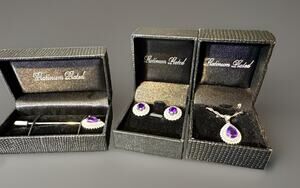 Gold Coast 3pc Platinum Plated Purple CZ Jewelry Set Necklace Earrings Pin Boxed